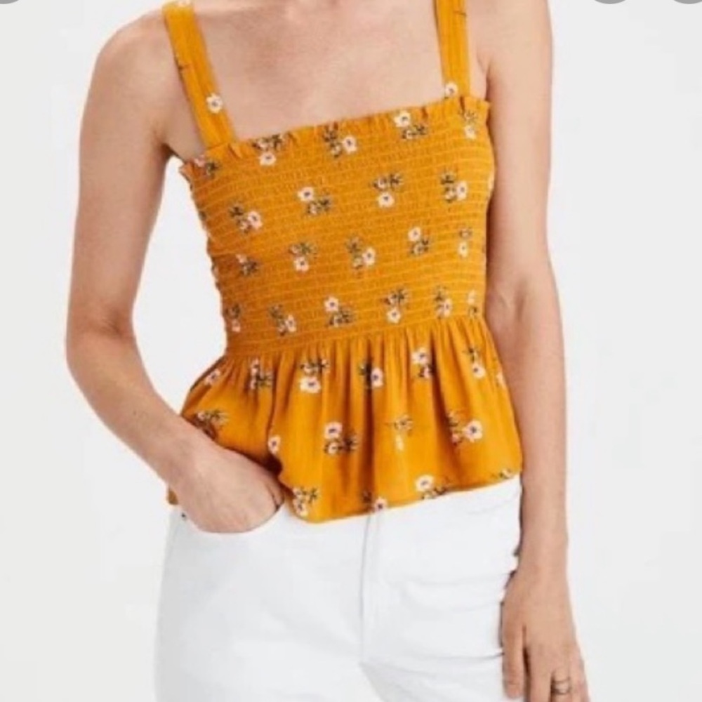American Eagle Outfitters Mustard Floral Smocked Tank Top
